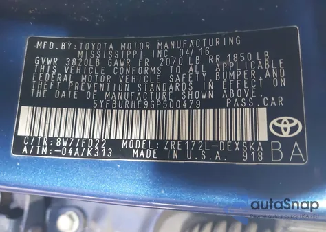 2016 Toyota Corolla S Plus из США, поврежденный, VIN 5YFBURHE9GP500479